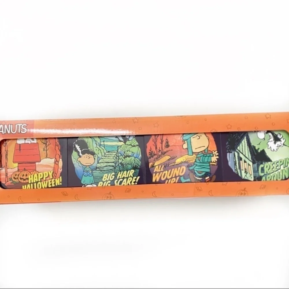 Peanuts Halloween Pint Size 16 oz Glasses with Coasters Colorful Scenes Set of 4
